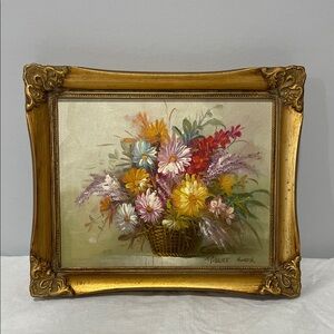 Robert Cox original oil painting Flower In Basket Ornate Gold Frame